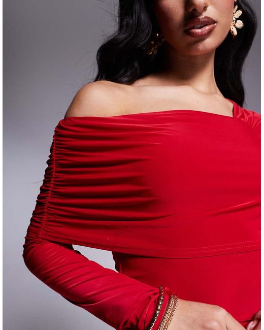 Fashionkilla Red Double Sculpted Slinky One Shoulder Fold Over Top