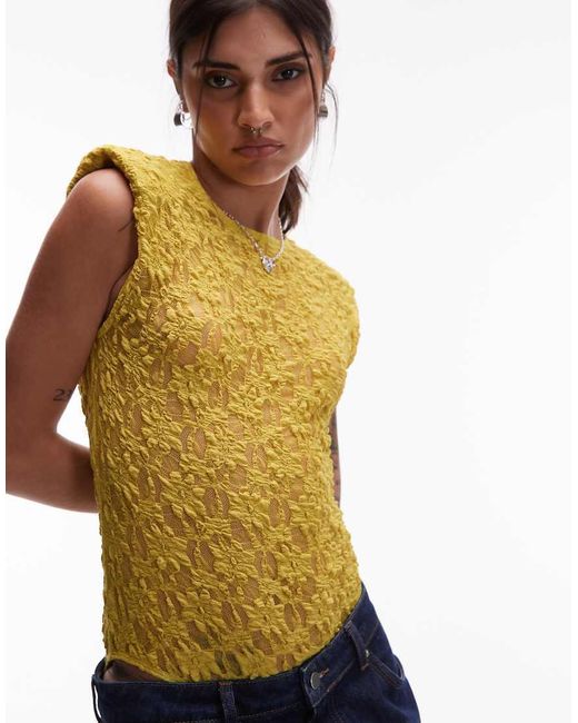 ASOS Yellow Sheer Lace Shoulder Pad Bodysuit