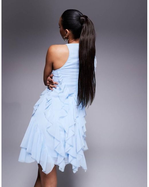 ASOS Blue Asymmetric Racer Neckline Ruffle Mini Dress
