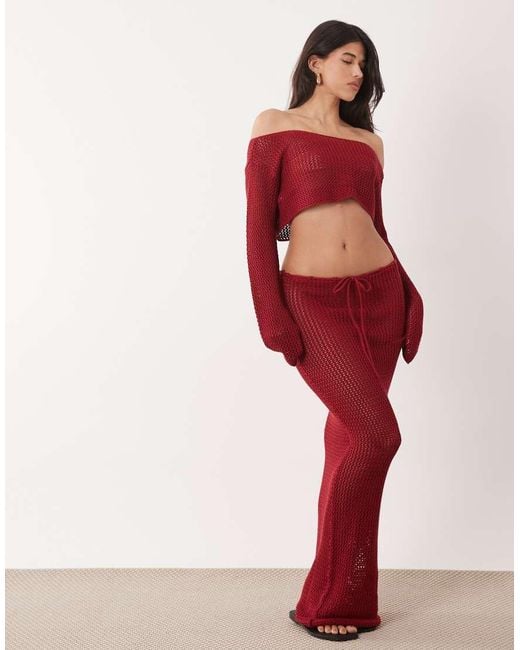 Aria Cove Red Open Crochet Off Shoulder Flare Sleeve Beach Crop Top Co-ord