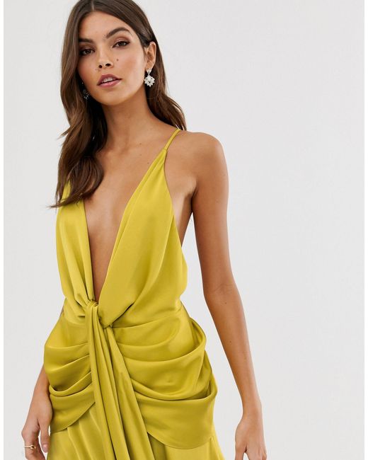 asos edition satin plunge strappy midi dress with tie front