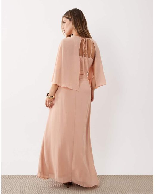 TFNC London Pink Bridesmaids Cape Chiffon Maxi Dress With Tie Front