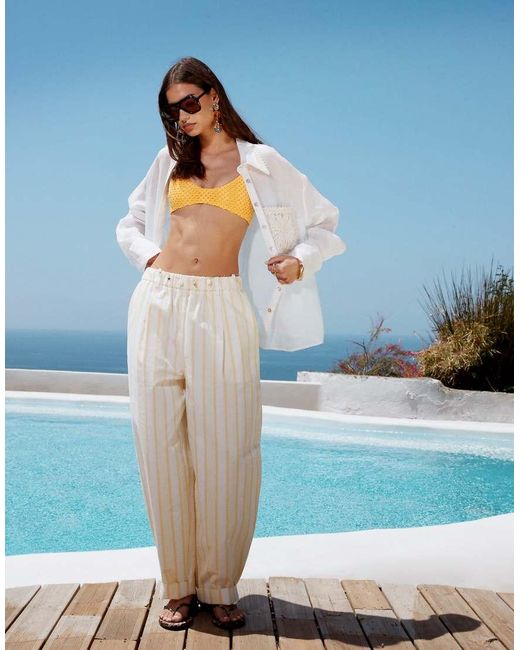 ASOS Gestreepte Broek Met Wijde Ronde Pijpen En Linnenlook in het Natural