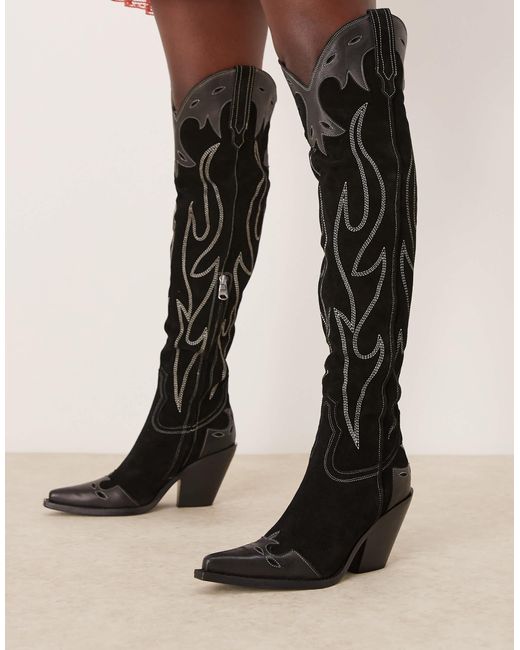 Free People Wild West Thigh High Suede Western Boots in Black | Lyst