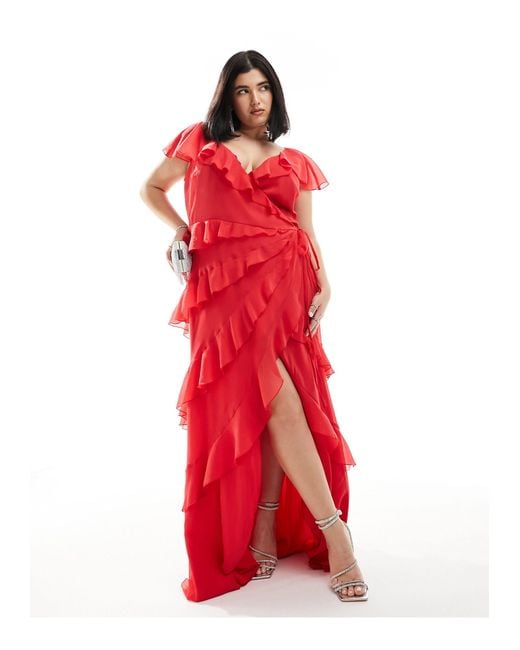 ASOS Red Asos Design Curve Exclusive Flutter Sleeve Wrap Maxi Dress With Ruffle Detail