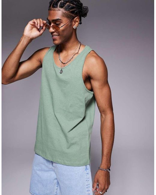 Camiseta Verde Salvia Sin Mangas Con Cuello Redondo De Mezcla De Lino De ASOS de hombre de color Green