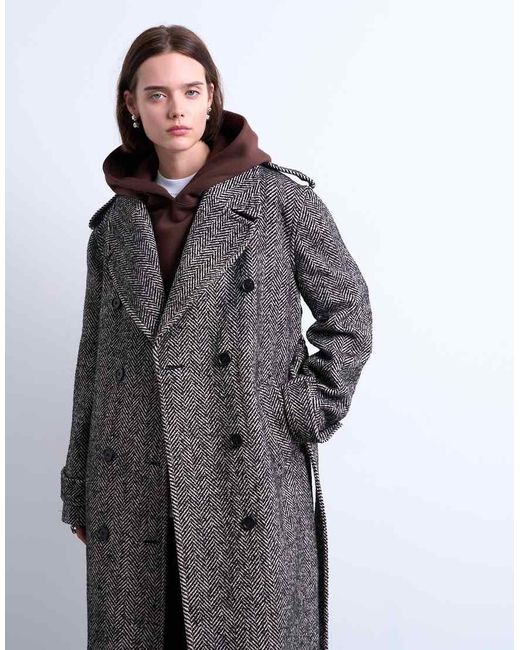 TOPSHOP Jas Van Wolmix Keperstof Met Super Lange Pasvorm En Riem in het Gray