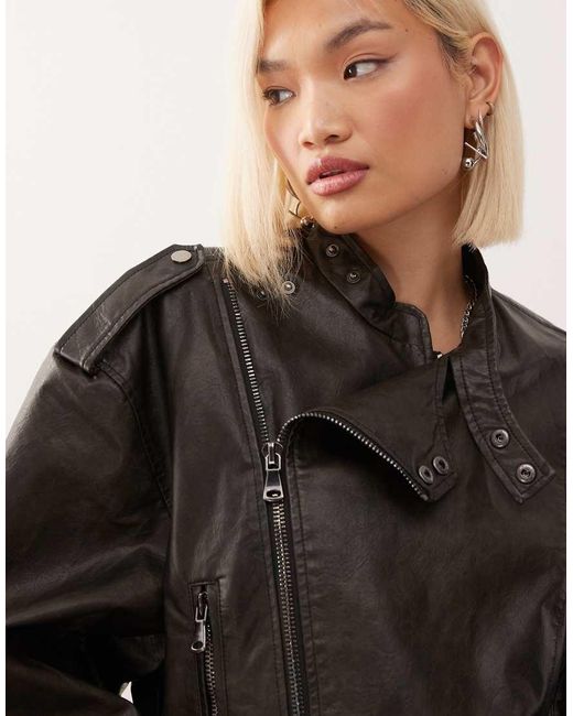 Lioness Black Driftwood Faux Leather Structured Wide Sleeve Buckle Detail Biker Jacket