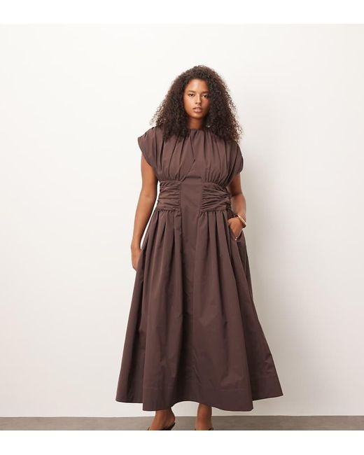 ARRANGE Brown Curve Gathered Cinched Full Skirt Maxi Dress