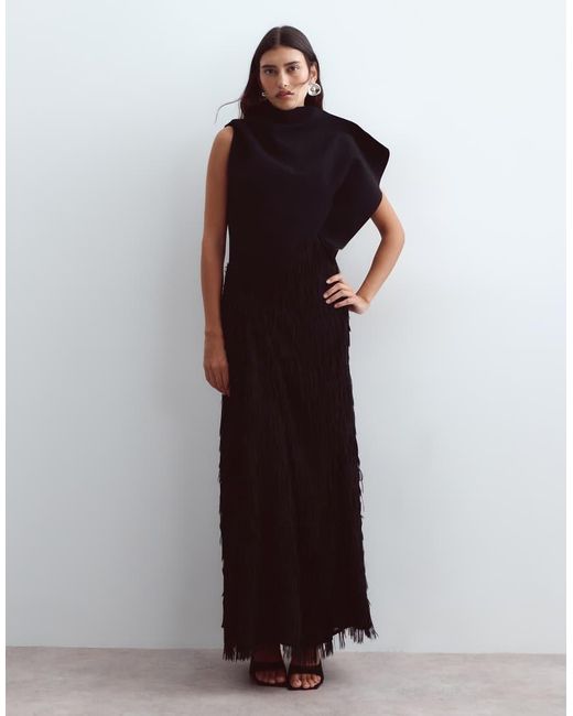 ARRANGE Black Asymmetric Neckline Hybrid Fringe Skirt Maxi Dress