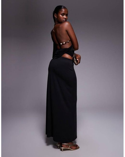 Fashionkilla Blue Exclusive Double Sculpted Slinky High Neck Open Side Bead Detail Top