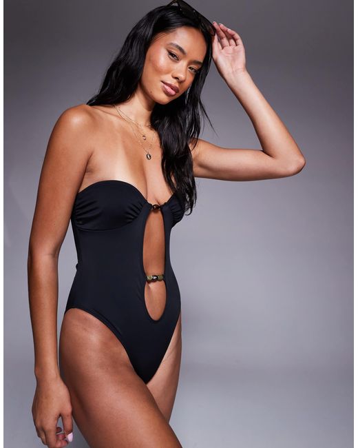 ASOS Black Tara Bandeau Swimsuit With Beading Detail Hardware