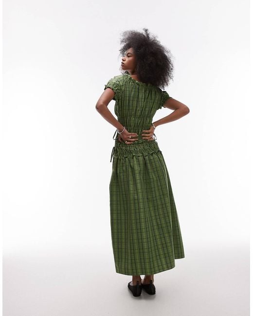 TOPSHOP Green Cap Sleeve Shirred Dress With Tie Sides