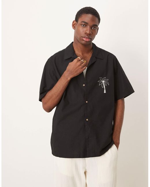 ASOS Black Relaxed Revere Shirt With Palm Chest And Back Print for men