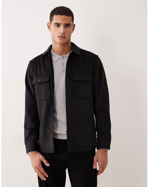 Mango Black Wool Mix Checked Overshirt for men