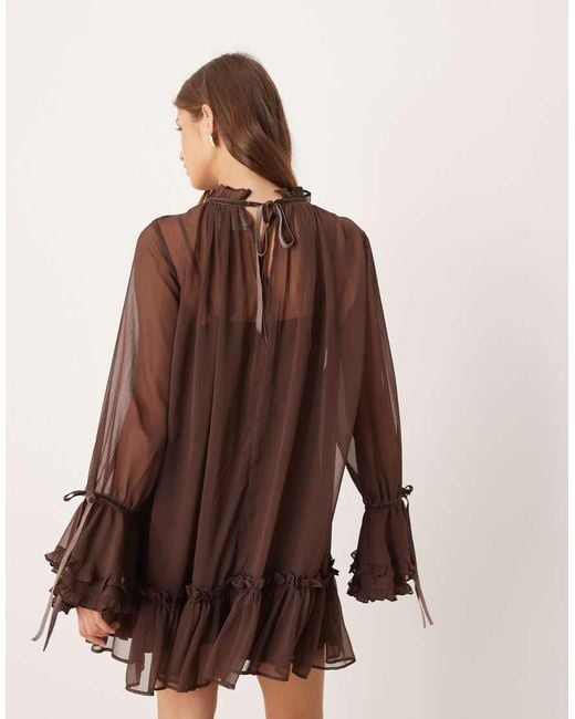 ASOS Brown Smock Mini Dress With Tiered Ruffle Cuff And Velvet Bows