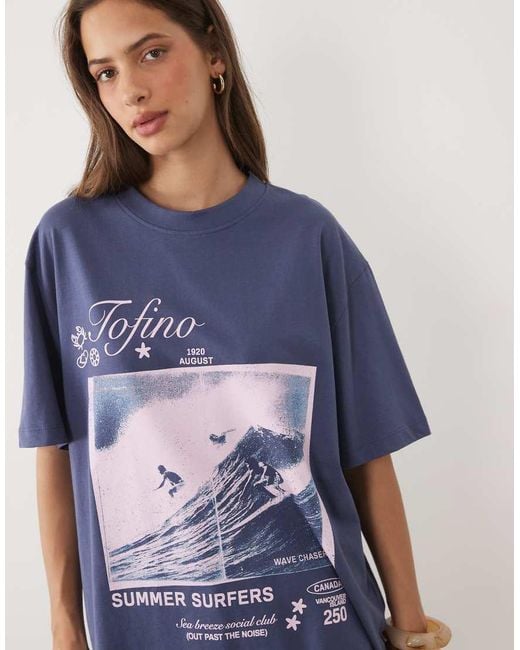 ASOS Blue Oversized T-Shirt With Tofino Surfers Graphic