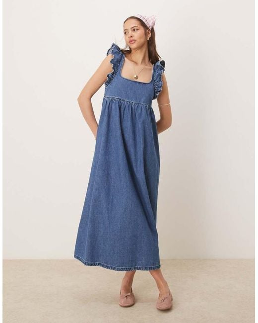 ASOS Blue Denim Smock Maxi Dress With Bow Back