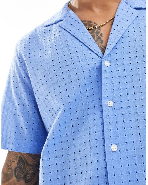 ASOS Blue Short Sleeve Relaxed Fit Revere Collar Broderie Shirt for men