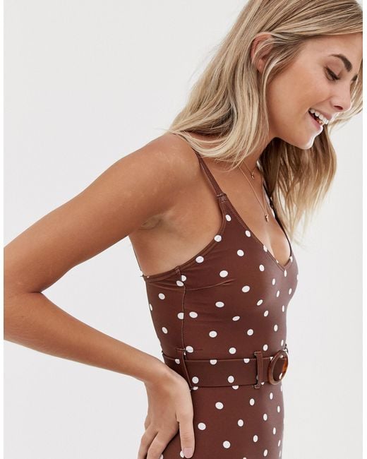 New Look Polka Dot Belted Swimsuit in Brown | Lyst UK