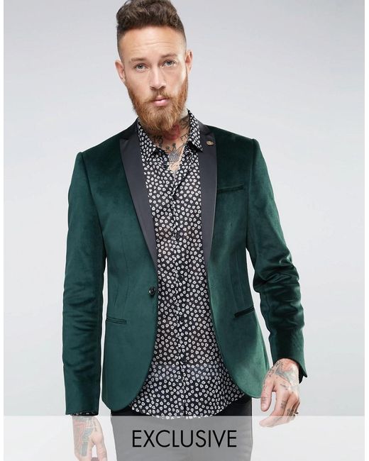 Noose And Monkey Green Super Skinny Blazer In Velvet With Contrast Collar for men