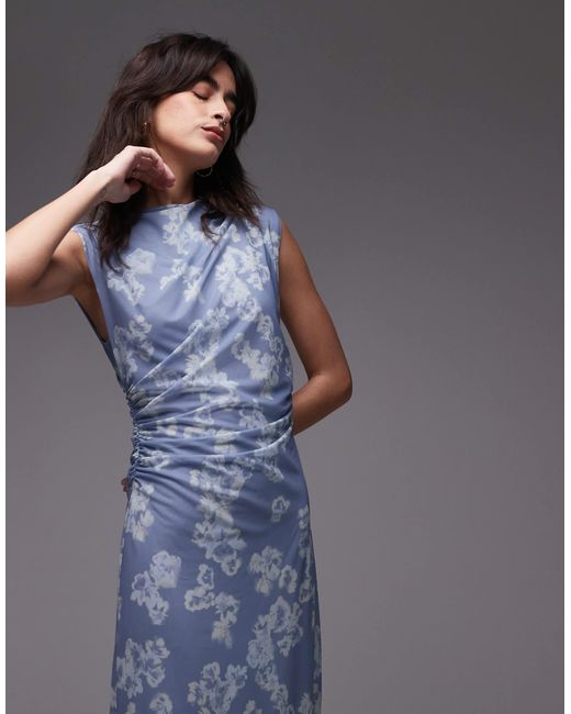 & Other Stories Blue Mesh Midi Dress With Drape Detail