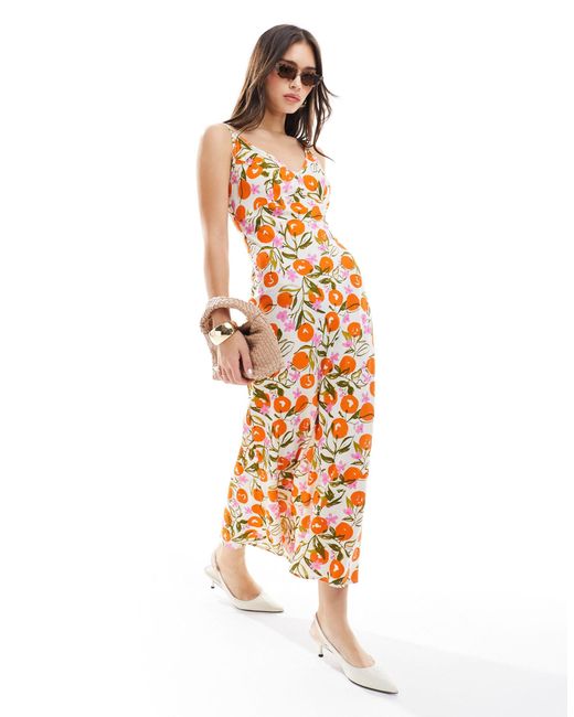 Vestido midi naranja con estampado frutal y detalle ASOS de color White