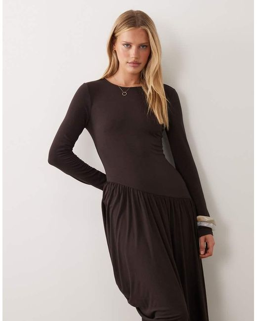 ASOS Brown Long Sleeve Draped Skirt Midi Dress