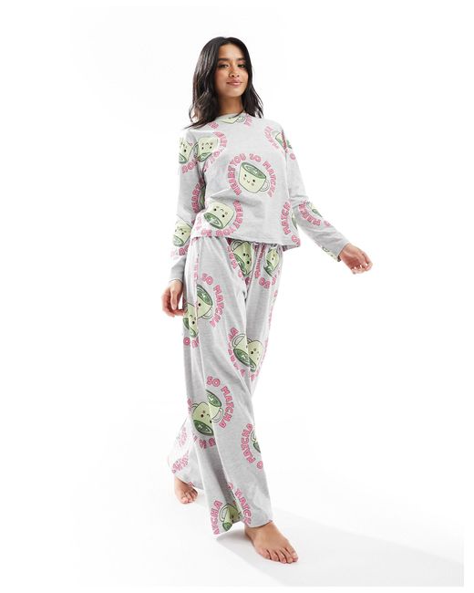 ASOS Gray Asos Design Petite Matcha Long Sleeve Top & Trouser Pyjama Set