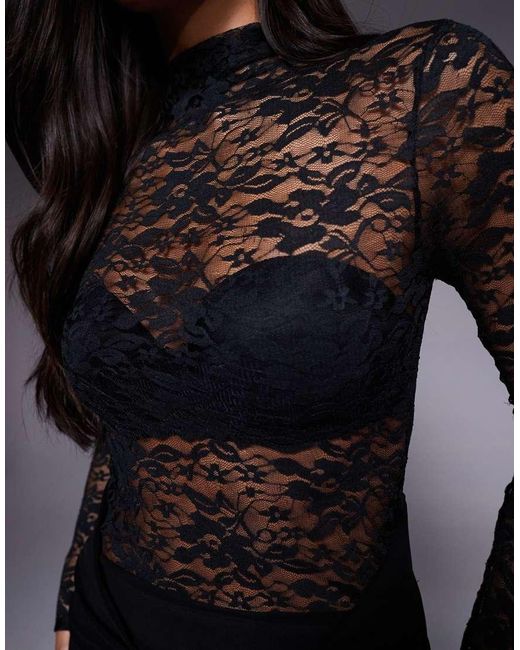 ASOS Blue High Neck Long Sleeve Sheer Lace With Draped Waist Faux Ord Maxi Dress
