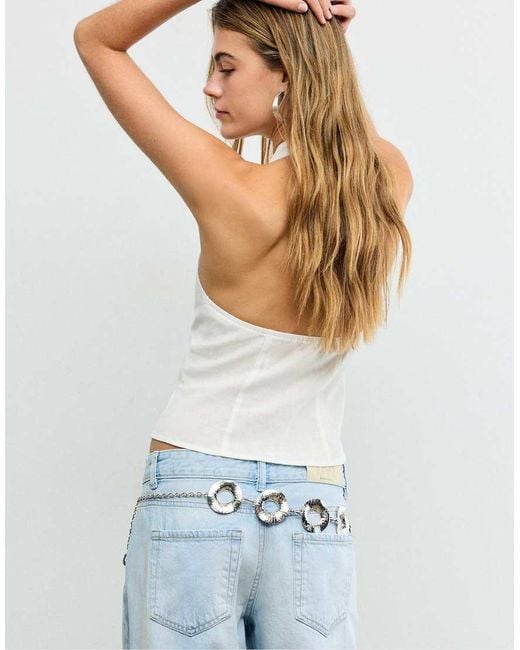 Stradivarius White Qipao Halter Button Top