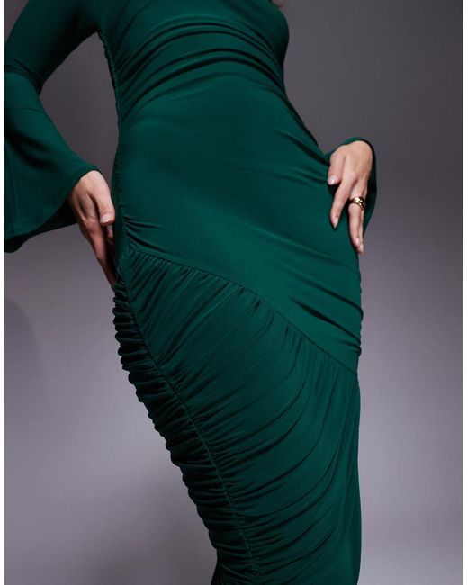 ASOS Green Sculpting Gauged Panelled Maxi Dress With Long Sleeves