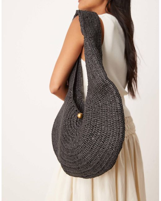 Mango Black Woven Scoop Shoulder Bag With Gold Accent