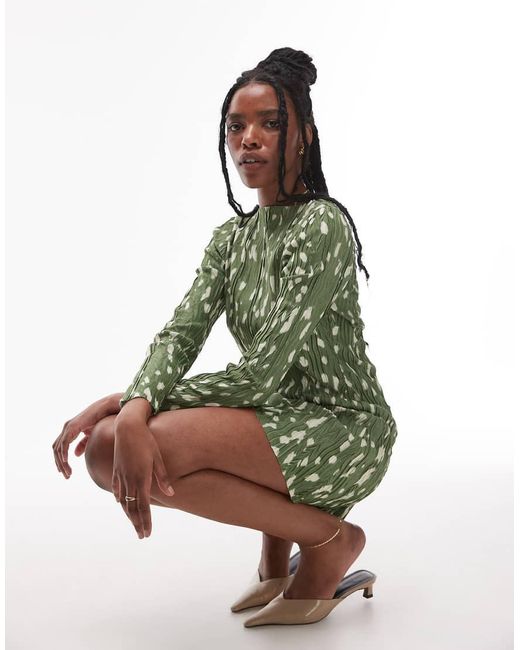 TOPSHOP Green Animal Print Long Sleeve Plisse Mini Dress