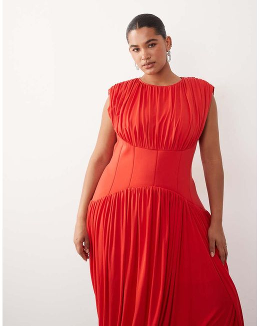 ARRANGE Red Curve Gathe Drape Maxi Dress With Cinched Waist