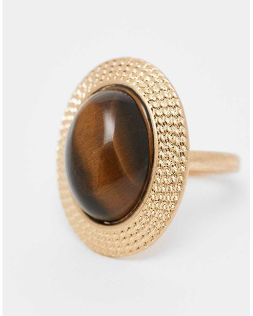 Anello Dorato Con Pietra Occhio Di Tigre di ASOS in Natural
