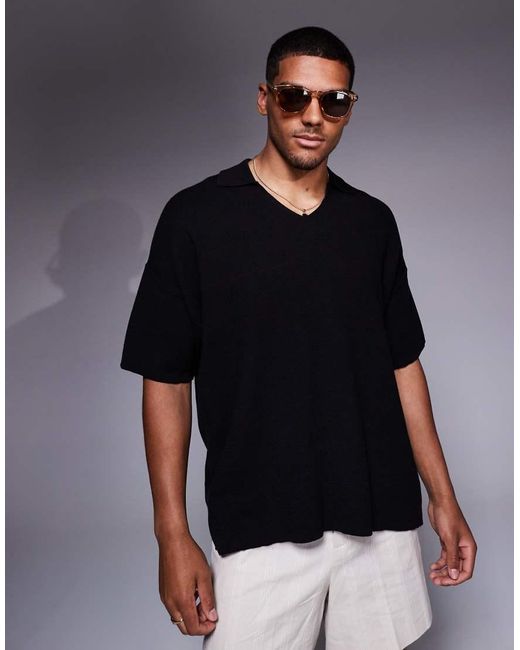 ADPT Blue Oversized Knitted Split Neck Polo for men