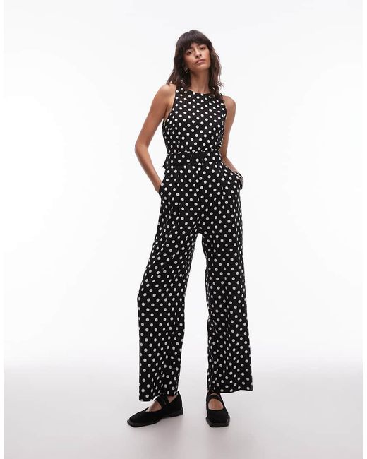 Mango White Straight Fit Polka Dot Jumpsuit With Cinch Waist Belt