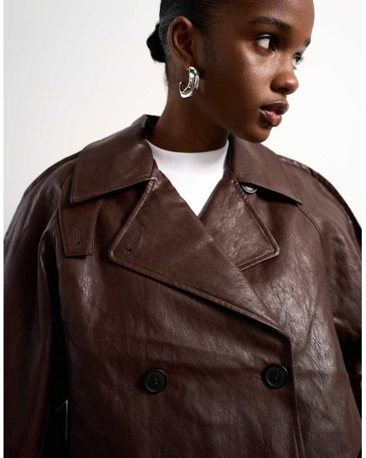TOPSHOP Brown Faux Leather Ovoid Sleeve Short Trench