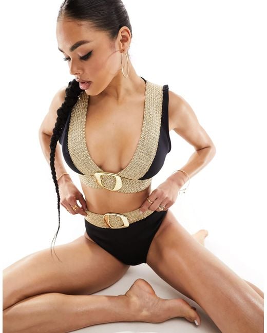 River Island White High Waist Elastic Buckle Detail Bikini Bottom