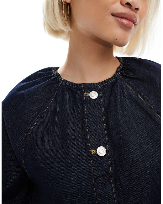 ASOS Blue – minikleid aus gewaschenem denim mit raglan-puffärmeln