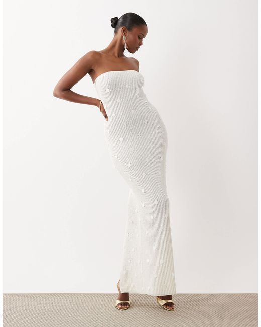 South Beach Women's White Knitted Bandeau Maxi Dress With Sequin Detail