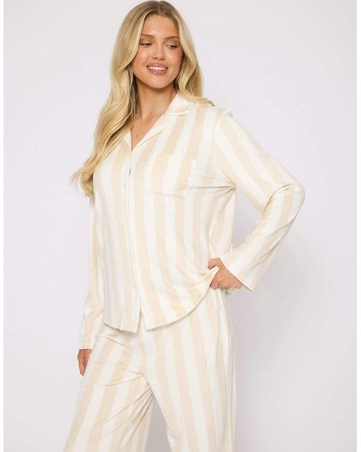 Loungeable Natural Striped Velour Traditional Pyjama Set