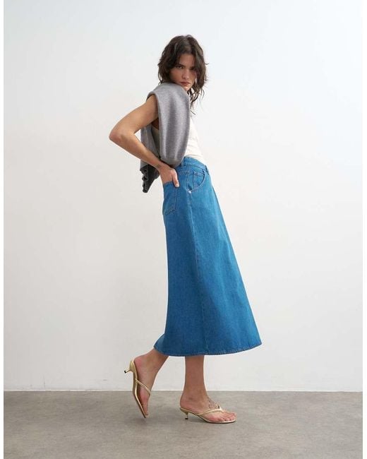 TOPSHOP Blue Denim Wrap Circle Midi Skirt