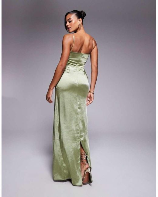 Vesper Green Satin Strappy Maxi Dress With Split