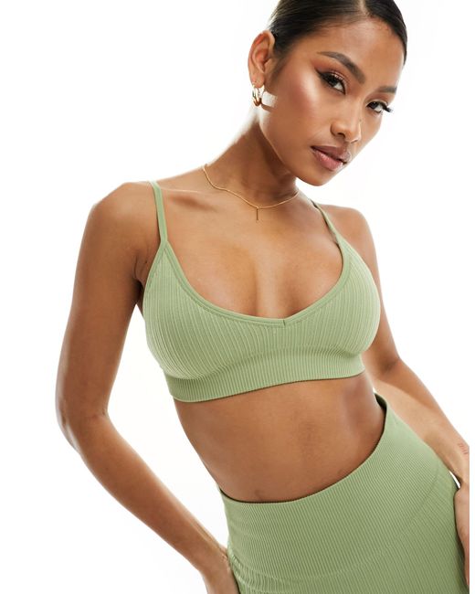 ASOS 4505 Green Seamless Double Rib Light Support Sports Bra With Removable Padding