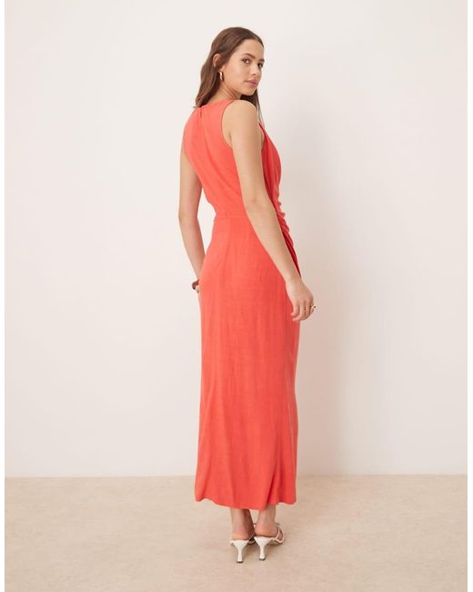 ASOS Pink Linen Mix Twist Shoulder Detail Midi Dress With Ruching