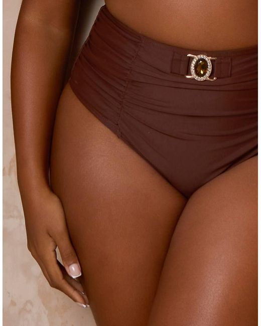 Moda Minx Curve Brown X Alessa Tyrrell-charles Ruched Bikini Bottoms With Faux Gem Detail