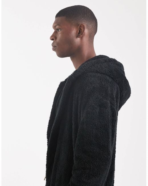 Loungeable Black Mens Sherpa Hooded Robe for men
