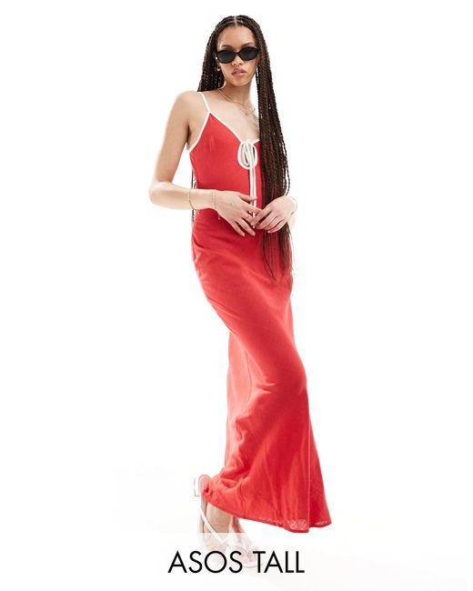 ASOS Red Asos Design Tall Linen Slip Dress With Contrast Binding
